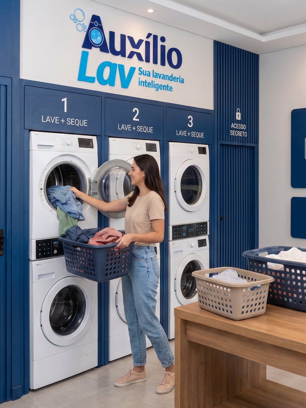 Cliente usando as máquinas da Auxílio Lav em um ambiente climatizado e organizado