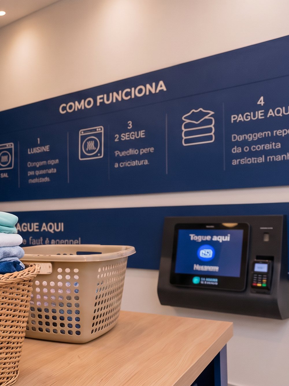 Painel Como funciona na parede da Auxílio Lav, ao lado do totem de autoatendimento