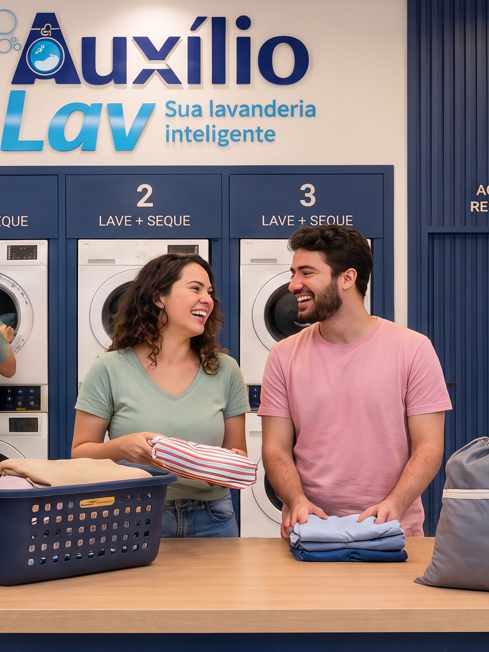 Casal conversando enquanto dobra as roupas limpas na bancada da Auxílio Lav