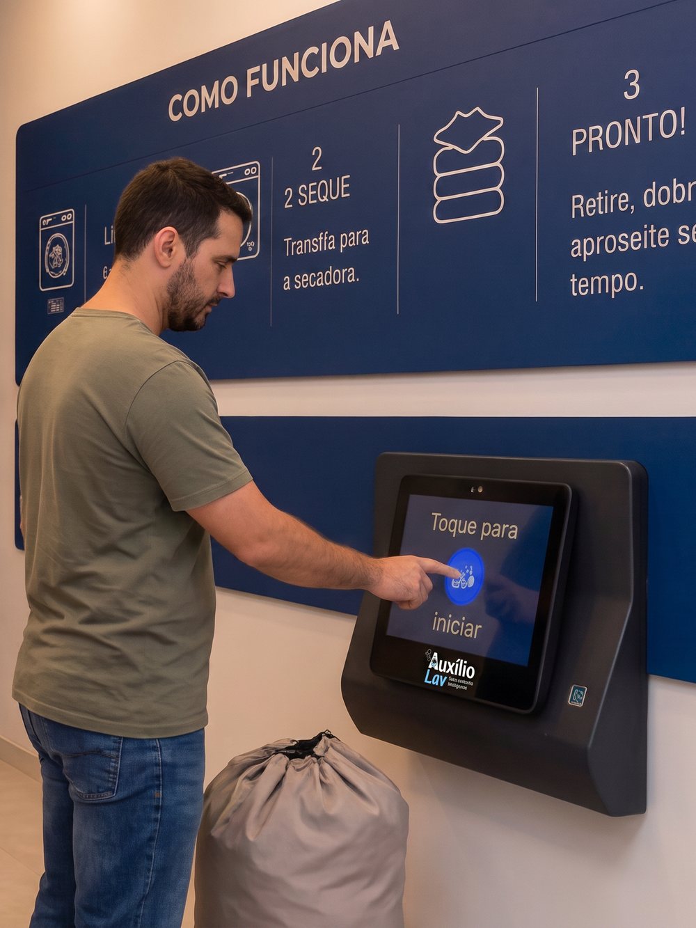 Cliente tocando a tela do totem da Auxílio Lav para iniciar e pagar o ciclo
